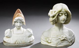 Italian School, "Lady with a Brown Bonnet," and "Lady with a Flower in Her Hair," c. 1900, two carved marble busts, Bonnet- H.- 12 i...