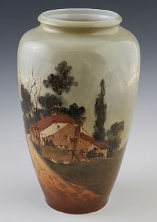 Hand Painted Porcelain Baluster Vase, 20th c., with scenes of a farmhouse, ducks, and a landscape, the bottom marker "R. Tuschon," H...