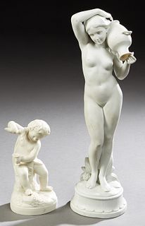 Continental School, Two Parian Figures: "The Bather," and "The Young Bacchus," late 19th c., Bather- H.- 15 1/2 in., .- 4 in., D.- 4...