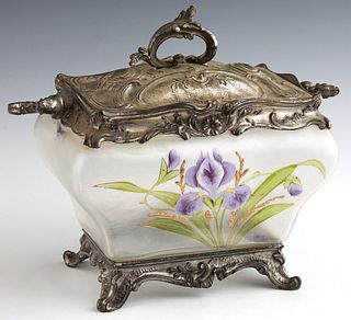 Frosted Art Glass Covered Handled Dresser Box, c. 1900, the lid with relief floral decoration, the sides painted with irises, the me...