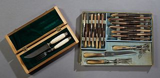 Two Cased Cutlery Sets, consisting of a two piece faux ivory custom made carving set, 1985, by J. Voight, Oklahoma City,