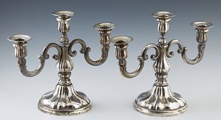 Pair of .835 Silver Baroque Style Three Light Candelabra, early 20th c., Germany, with an indiscernible maker's mark, H.- 9 5/8 in.,...