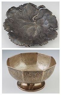 Two Silverplated Pieces, 20th c., one a hand hammered footed bowl; together with a water lily sweetmeats tray with shell form feet,...
