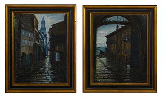 Vilasius, "Continental Street Scenes," 20th c., pair oils on canvas, signed indistinctly lower right, presented in matching gilt and...