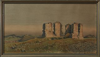 K. Euchler, "The Ruins," 1917, watercolor, signed and dated lower left, presented in a silver gilt frame, H.- 12 3/4 in., W.- 23 1/2...