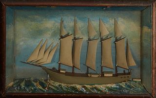 American Folk Art Ship Diorama, 19th c., of a paint decorated four mast schooner, with carved bone sails, presented in a shadowbox f...