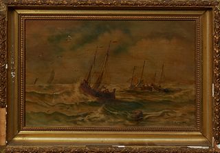 L. Luyster, "Boats in Rough Seas," 19th c., oil on canvas, signed lower right, presented in a period gilt and gesso frame, H.- 10 in...