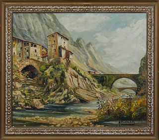 M. Comac, "Bridges Over the River," 20th c., oil on masonite, signed lower right, presented in a gilt and gesso frame, H.- 15 in., W...