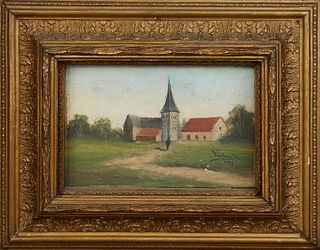 Vauban (Continental), "Figure on a Country Road Before Buildings," 1882, oil on panel, signed and dated lower right, presented in a...
