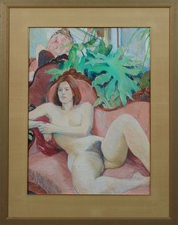 Elsie Dinsmore Popkin (1937-2005, American), "Reclining Nude Female," 1976, mixed media, signed and dated lower left, presented in a...