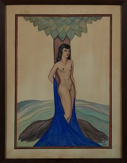 Nicholas Takis (1903-1965), "Nude Leaning on a Tree," c. 1930, watercolor, signed lower right, presented in a narrow frame, H.- 18 3...