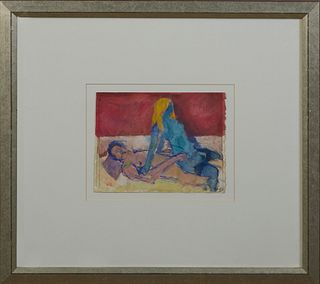 American School, "The Lovers," 20th c., watercolor, signed in monogram "DMB" lower right, presented in a silvered gilt frame, H.- 7...