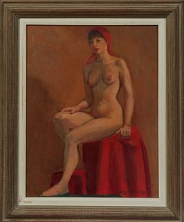 Marie Keim Tietze, "Seated Nude with Red Scarf," c. 1940, oil on masonite, signed lower right, presented in a grey reeded frame with...