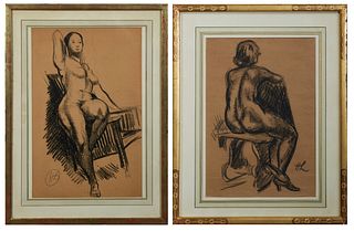 Richard Hayley Lever (1876-1958, Australian), "Seated Nude," and "Seated Nude Rear View," two charcoals on paper, signed in monogram...