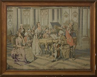 After Marchetti, "Concert in the Parlor," c. 1920, tapestry, presented in a wide gilt frame, H.- 29 1/2 in., W.- 38 1/2 in. Provenan...