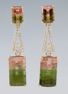 Pair of 14k Yellow Gold Pendant Earrings, each stud with a rectangular rainbow tourmaline, suspending a pierced triangular diamond m...