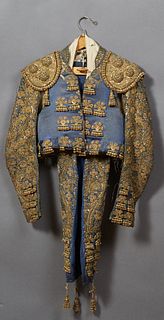 Mexican Matador's Suit of Lights, 20th c., intricately decorated with heavy gold thread, gold sequins, and faux jewels, consisting o...