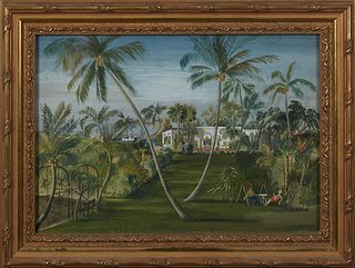 Henriette Deloras, "Relaxing Amongst the Palm Trees," 20th c., watercolor, signed lower right, presented in a gilt and gesso frame,...
