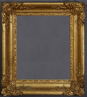 Antique Gilt and Gesso Picture Frame, 19th c., the wide frame with relief floral, leaf and scroll decoration, H.- 32 1/2 in., W.- 28...