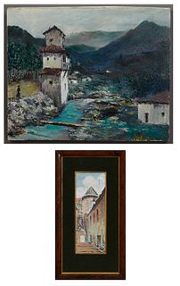 F. Ale, "Tower Along the River," 20th c., oil on canvas, signed lower left, unframed; together with "Medieval Tower and Street," 20t...