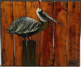 Louisiana School, "LSU Pelican," 20th c., watercolor, on reclaimed pine boards, signed indistinctly lower right, titled verso, unfra...