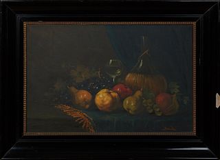 Bernard, "Still Life of a Table with Fruit and Wine," late 19th/early 20th c., signed lower right, presented in an ebonized frame wi...