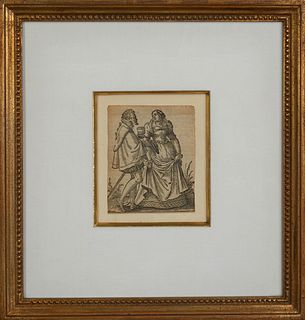 Dutch School, "Courtier and Lady in a Garden," 17th c., etching, signed in monogram in the plate "MF," lower left, presented in a be...