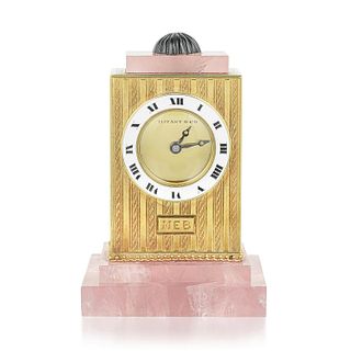 Tiffany & Co. Art Deco Rose Quartz and Onyx Clock in 14K Gold