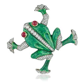 Diamond Ruby and Enamel Frog Brooch