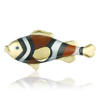 Tiffany & Co. Mother of Pearl Onyx and Carnelian Fish Brooch