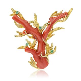 Coral and Emerald Brooch