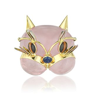 Tiffany & Co. Vintage Rose Quartz Sapphire and Tiger's Eye Cat Brooch