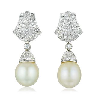 Diamond and South Sea Cultured Pearl Day/Night Earclips