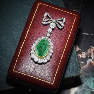 Antique Emerald and Diamond Bow Pendant