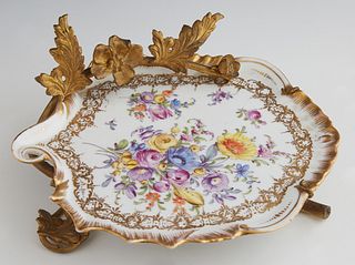 German Polychromed Porcelain Gilt Bronze Mounted Calling Card Plate, c. 1880, with hand painted floral and gilt decoration, the rim with a leaf and fl