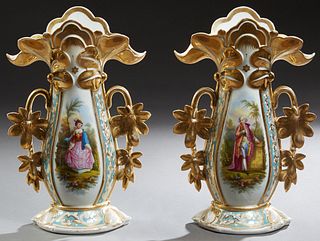 Pair of Old Paris Porcelain Flare Vases, c. 1850, with gilt decoration, the sides with reserves of a man and woman in a garden, the underside marked "