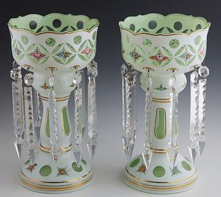 Pair of Large White-to-Green Cut Glass Lusters, 19th c., prism hung, with enameled floral decoration, H.- 13 1/2 in., Dia.- 7 3/8 in. Provenance: from