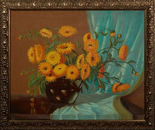 Thomas L. Lewis (1907-1978, Taos), "Calendulas," 20th c., oil on canvas, signed lower left and placed "Taos," also signed and titled verso, presented 