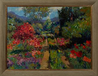 Louisiana School, "Brightly Colored Floral Landscape," 20th c., oil on canvas, unsigned, presented in a distressed gray wood frame, H.- 29 1/2 in., W.