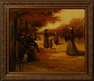 Louis Van Der Pol (1896-1982, Dutch), "Autumn Stroll in the Park," 20th c., oil on canvas laid to panel, signed lower right, presented in a gilt and g