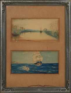 Attributed to Thomas Somerscales (1842-1927, British), "Ships on the Sea," late 19th c., two watercolors, unsigned, presented in a single silvered rel