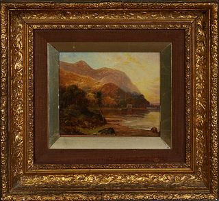 R. Moore (Probably Rubens Arthur Moore, 1881-1920), "Lake Scene," 19th c., oil on panel, signed lower left, presented in a period gilt and gesso frame