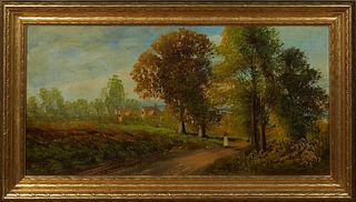 English School, "Figure on a Country Road," early 20th c., oil on canvas, presented in a carved giltwood frame, H.- 11 1/2 in., W.- 23 3/4 in. Provena