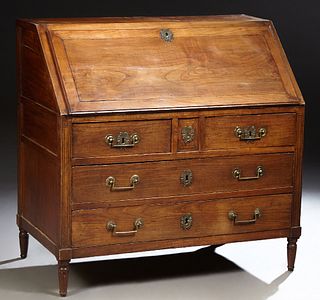 Louis XVI Style Carved Inlaid Cherry Slant Front Secretary, 19th c., the rectangular top over a slant lid opening to an interior fitted with drawers, 