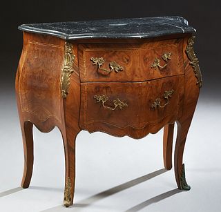 Pair of Diminutive Louis XV Style Burled Walnut Ormolu Mounted Bombe Commodes, 20th c., the rounded edge highly figured black marble over two bombe de