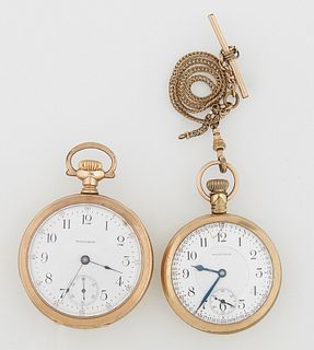 Two Waltham Gold Filled Pocket Watches, one a Riverside, Ser. # 17166307, Model 1908, Size 16s, with a gold filled chain; and a Model 1883, produced i