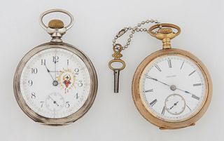 Two Pocket Watches, consisting of a 14K yellow gold Illinois example, Ser. # 825264, 1888, size 18s, keyset, with key; and a Sterling Waltham, Ser. # 