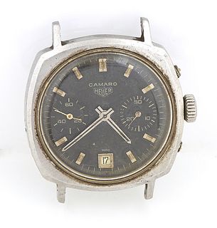 Vintage Heuer Camaro Black Face Chronograph, with two small dials and a date window, in as found condition.