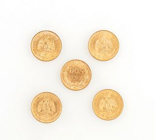Group of Five Mexican 21 K Gold Dos Pesos Coins, 1945, appear uncirculated, Dia.- 13mm, total gold wt.- .24 troy oz. (5 Pcs.)
