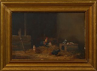 Frederick Frauenfelder (1945-2003, Dutch), "Chickens and Birds in the Barn," 20th c., oil on panel, signed lower left, presented in a gilt frame, H.- 
